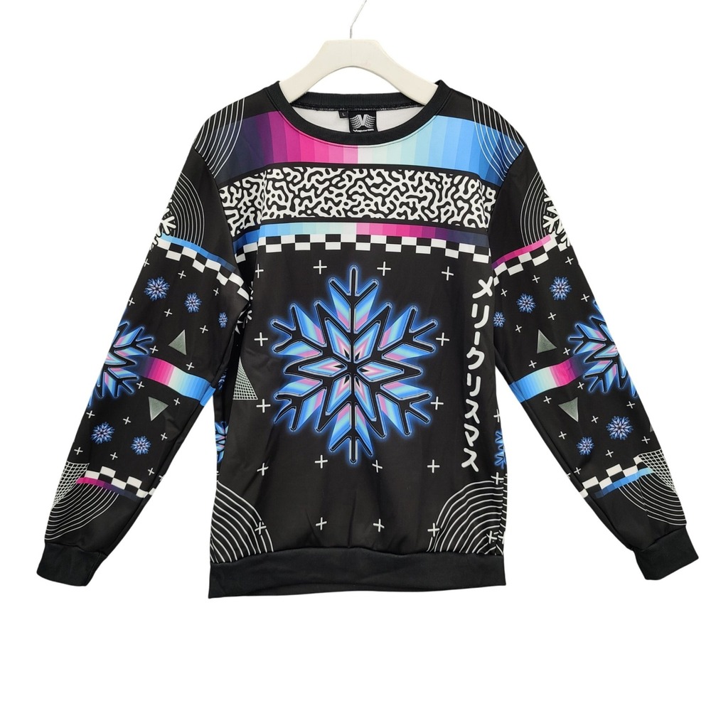 Vapor95 Womens Vaporwave Cybercore Snowflake Sweatshirt L Black Retro Holiday
